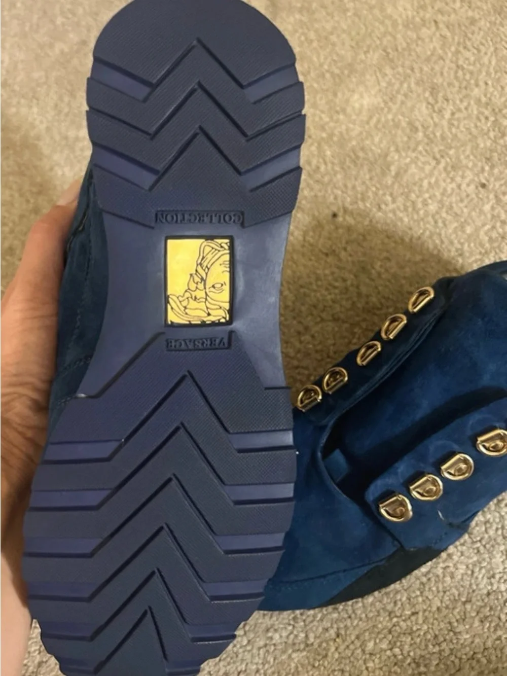 Versace Navy Blue Suede Sneakers with Gold Accents